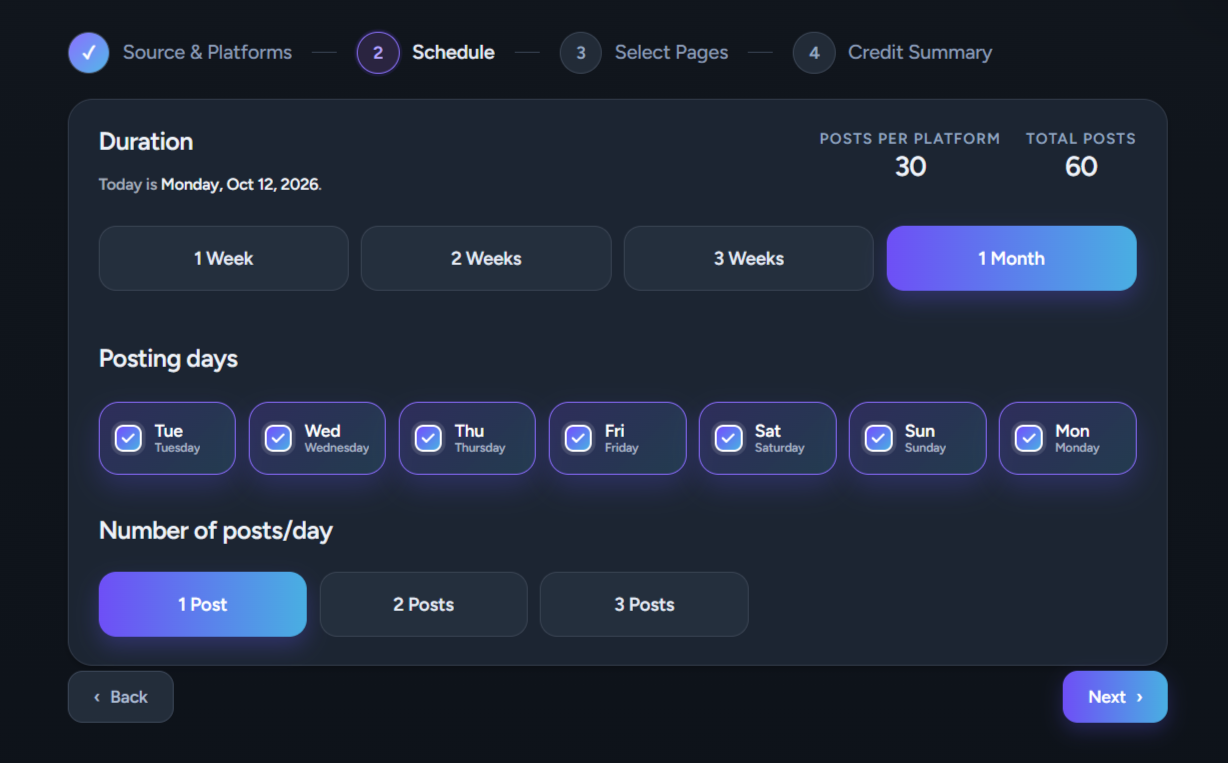 PostDovo campaign schedule configuration screen
