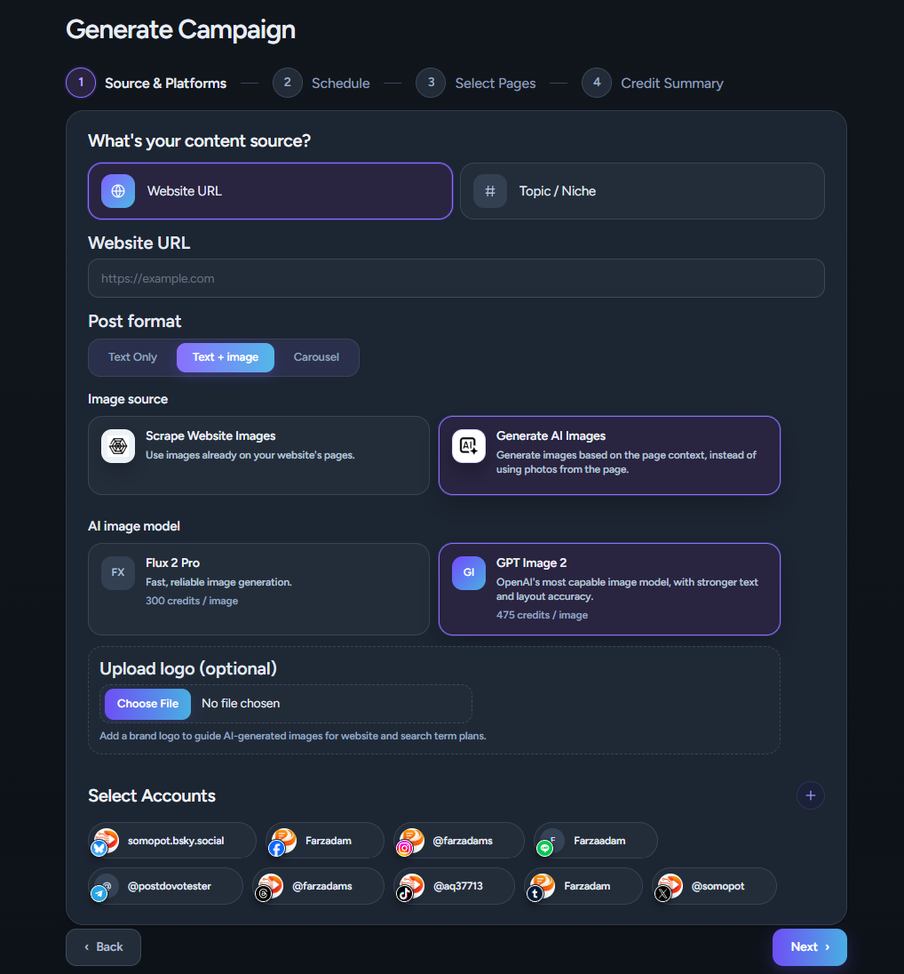 PostDovo Source and Platforms screen for Generate Campaign