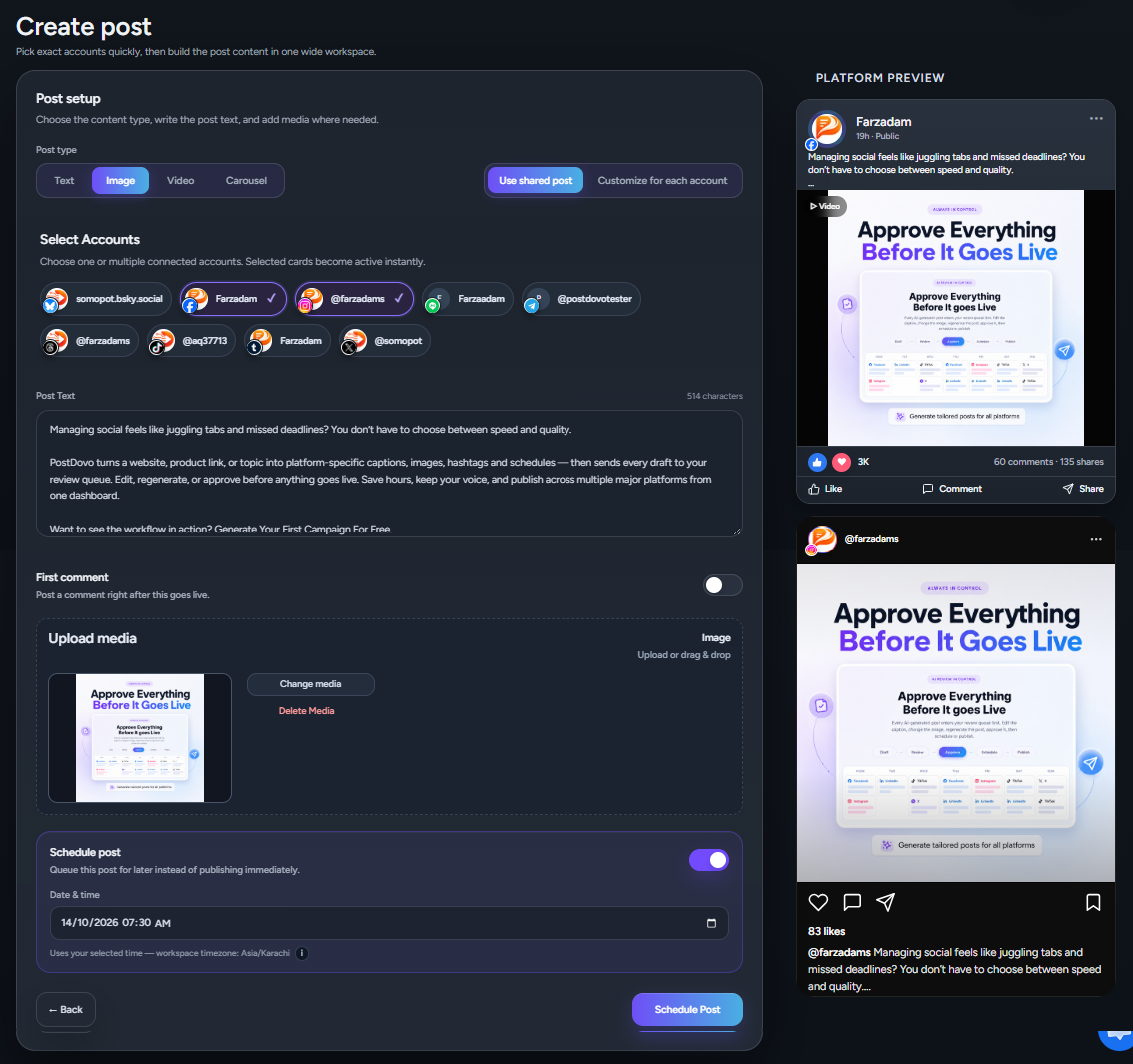 PostDovo Single Post screen showing shared post mode, selected social accounts, Post Text, media and platform preview