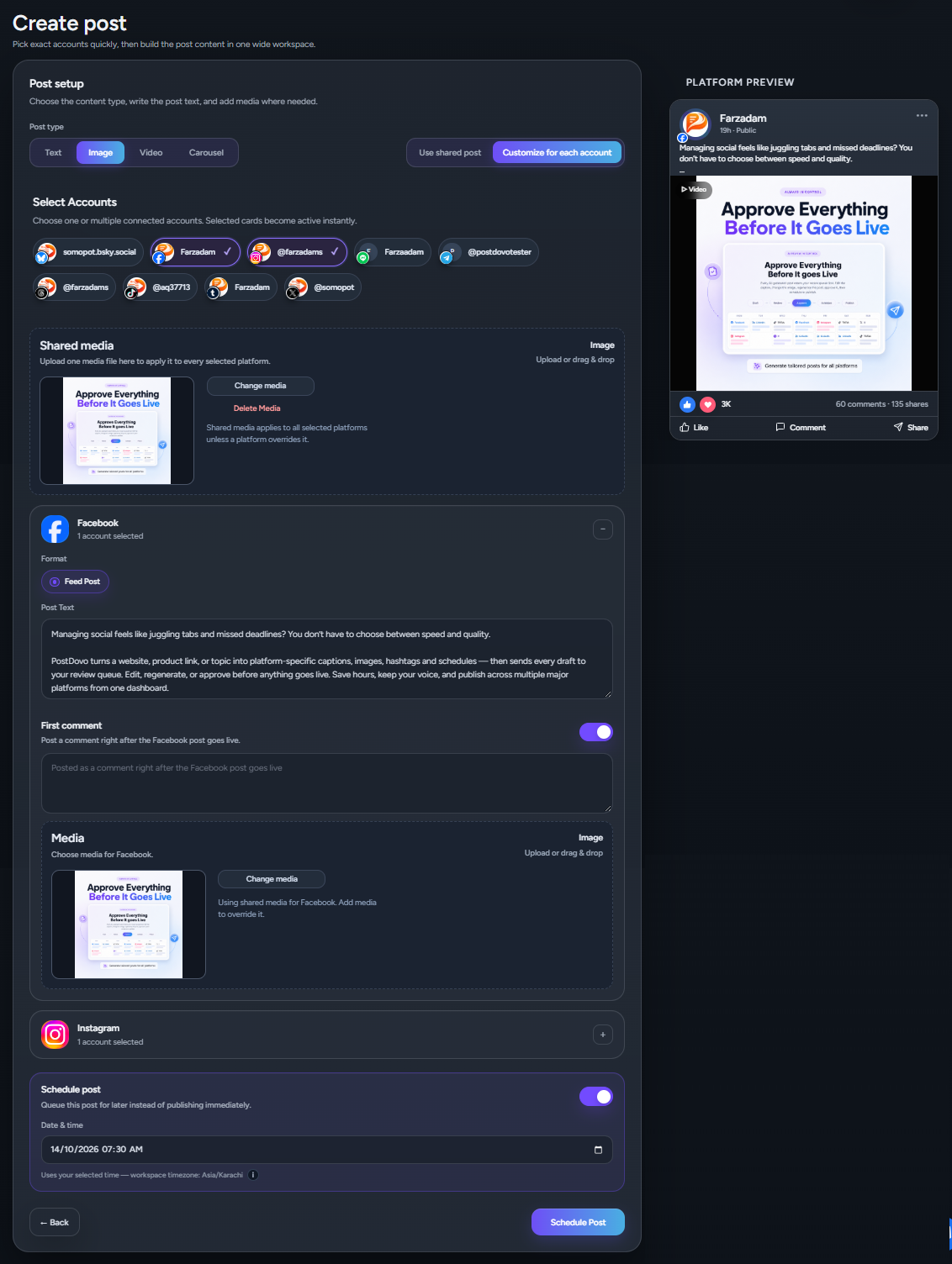 PostDovo Single Post screen showing Customize for each account mode with shared media and account specific controls
