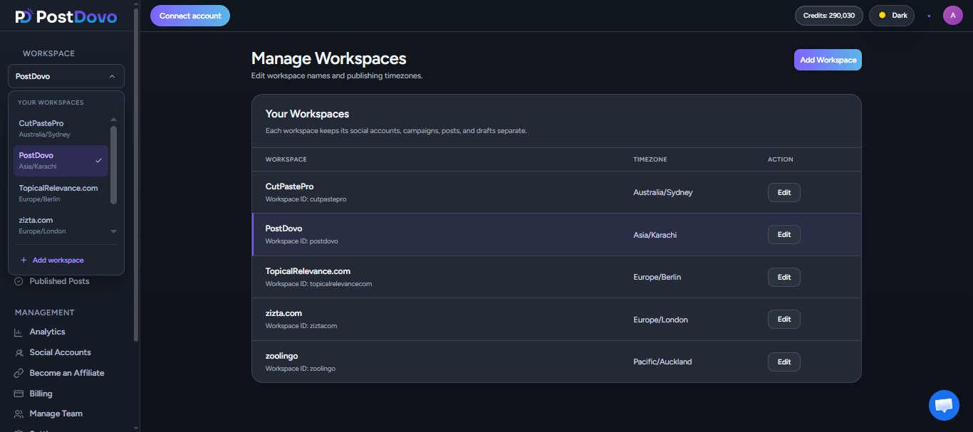 PostDovo Manage Workspaces showing multiple client workspaces, separate publishing timezones, workspace switching, and management options