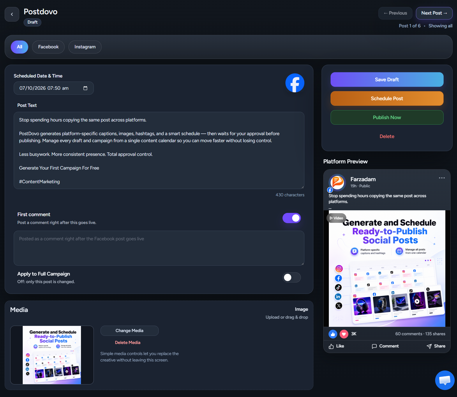 PostDovo Edit Post screen with Previous and Next navigation, Post Text editor, media controls and platform preview