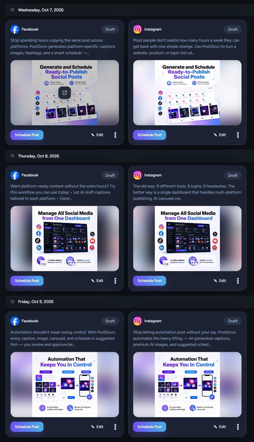 PostDovo Campaign Library showing campaign posts, publishing status and post actions
