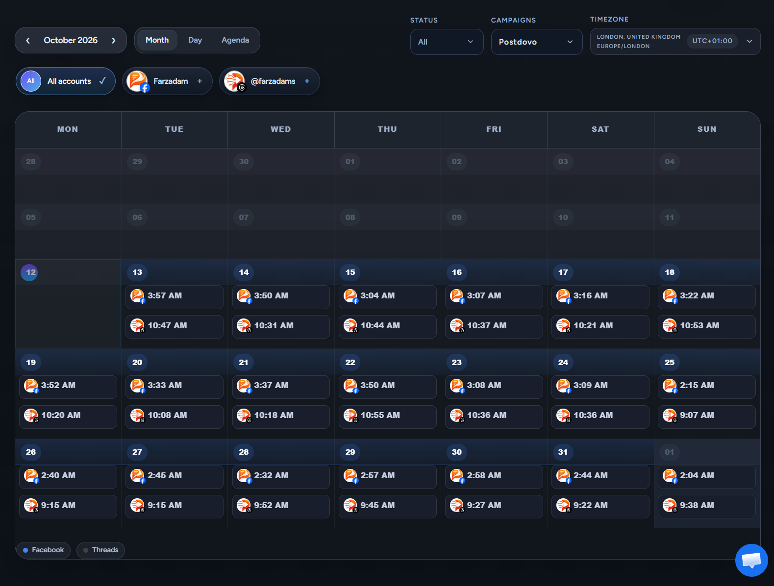 PostDovo Publishing Calendar showing connected accounts, campaign filters, status filter, timezone and scheduled posts