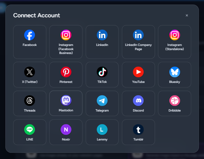 PostDovo Connect Account screen for social media platforms